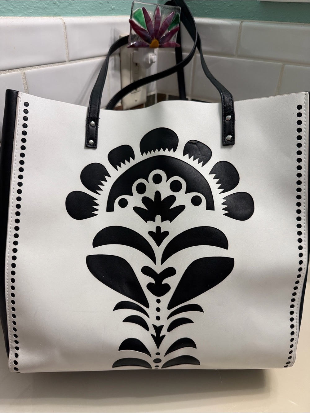 Vera Bradley Flower Shower Laser Cut White & Black Vegan Leather Tote
